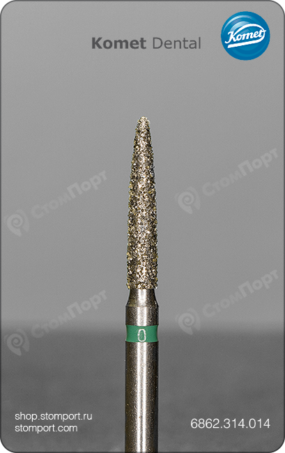 Бор алмазный для препарирования под коронку и окклюзионных поверхностей, пламевидный, "грубый", хвостовик турбинный (FG), L раб. части 8,0 мм, Ø=1,4 мм