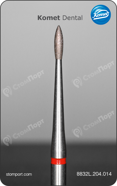 Бор алмазный для выравнивания корней пламевидный, "финишный", хвостовик угловой (RA), L раб. части 5,0 мм, L общая рабочая 19,0 мм, Ø=1,4 мм