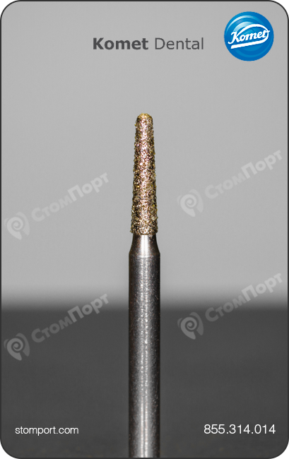 Бор алмазный конусный, желобообразный уступ, укороченный, со скругленным кончиком, "стандартный (средний)", хвостовик турбинный (FG), L раб. части 6,0 мм, Ø=1,4 мм, угол 2,5°
