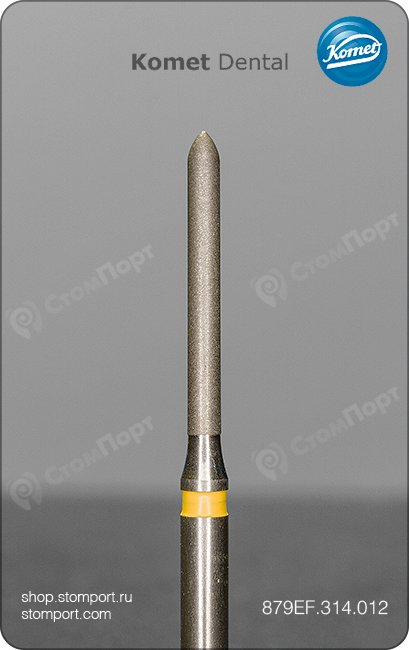 Бор алмазный для параллельного желобообразного уступа, торпедовидный удлинённый, "экстрафинишный", хвостовик турбинный (FG), L раб. части 10,0 мм, Ø=1,2 мм