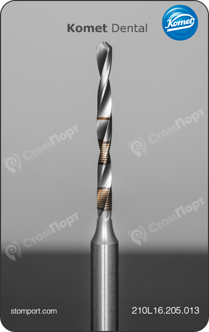 Сверло для имплантологии пилотное из нержавеющей стали, хвостовик угловой длинный (RAL), Ø=1,3 мм, L=16,0 мм, L конусной части 0,6 мм, маркировка глубины = 6, 8, 10, 12, 14 мм