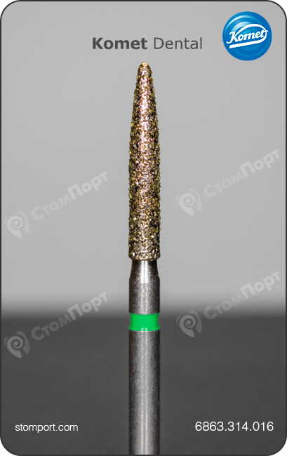 Бор алмазный для препарирования под коронку и окклюзионных поверхностей, пламевидный удлинённый, "грубый", хвостовик турбинный (FG), L раб. части 10,0 мм, Ø=1,6 мм