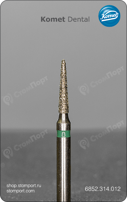 Бор алмазный для препарирования, конусный с острым кончиком, "грубый", хвостовик турбинный (FG), L раб. части 6,0 мм, Ø=1,2 мм, угол 3,5°