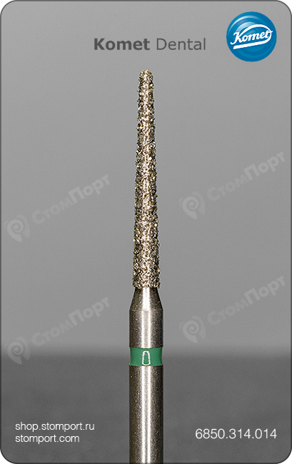 Бор алмазный конусный, удлинённый, со скругленным кончиком, "грубый", хвостовик турбинный (FG), L раб. части 10,0 мм, Ø=1,4 мм, угол 2°