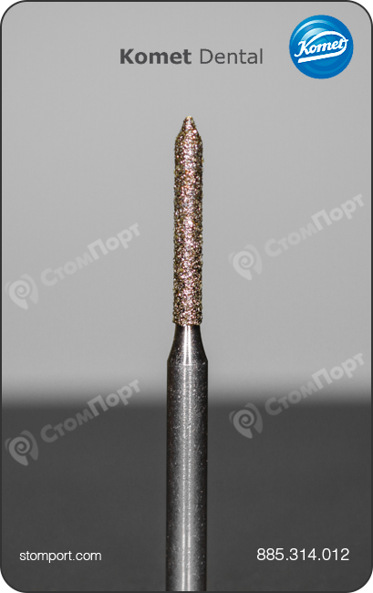 Бор алмазный для препарирования под коронку цилиндрический, заостренный конический кончик, "стандартный (средний)", хвостовик турбинный (FG), L раб. части 8,0 мм, Ø=1,2 мм