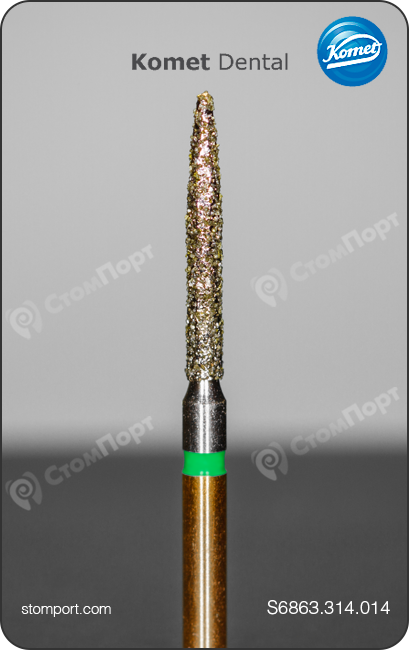 Бор алмазный для препарирования под коронку и окклюзионных поверхностей, пламевидный удлинённый, "грубый структурный", хвостовик турбинный (FG), L раб. части 10,0 мм, Ø=1,4 мм