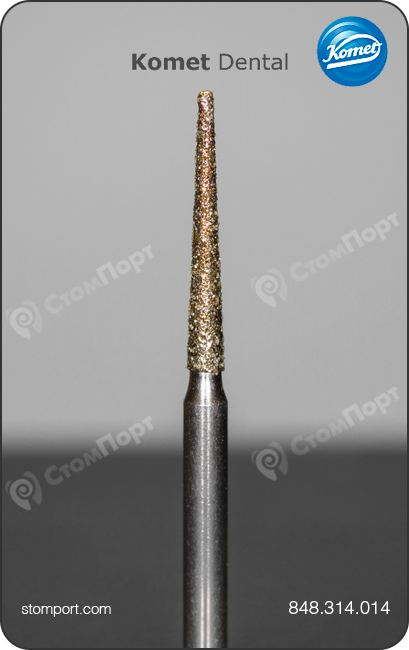 Бор алмазный, конусный плечевой уступ, удлинённый, "стандартный (средний)", хвостовик турбинный (FG), L раб. части 10,0 мм, Ø=1,4 мм, угол 2,4°