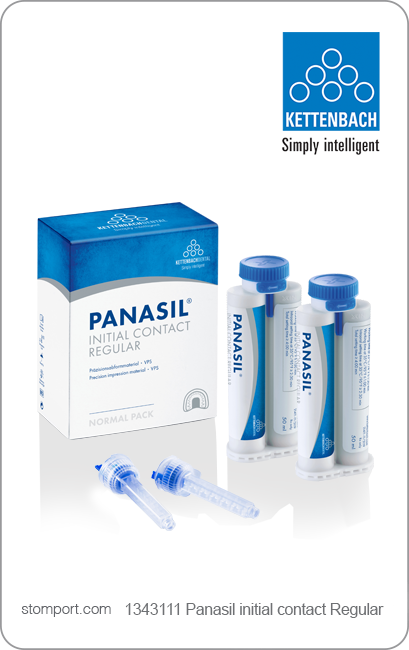 Панасил инишл контакт Регуляр (Panasil initial contact Regular) - корригирующий материал (А-силикон), среднетекучий, высоко гидрофильный, для точных оттисков в экстремальных ситуациях, уп. 2х50 мл, вкл. 8 канюль