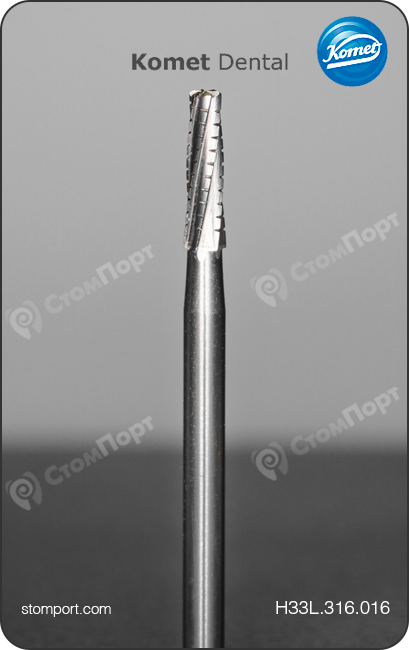 Бор твердосплавный для челюстной хирургии и препарирования полости, конусный удлинённый, с крестообразной насечкой режущих граней, хвостовик турбинный экстрадлинный (FGXL), L раб. части 6,0 мм, Ø=1,6 мм