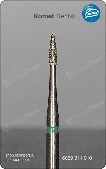 Бор алмазный для препарирования под коронку, копьевидный, "грубый", хвостовик турбинный (FG), L раб. части 4,0 мм, Ø=1,0 мм