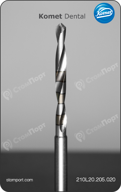 Сверло для имплантологии пилотное из нержавеющей стали, хвостовик угловой длинный (RAL), Ø=2,0 мм, L=20,0 мм, L конусной части 0,8 мм, маркировка глубины = 8, 10, 12, 14 (16, 18) мм
