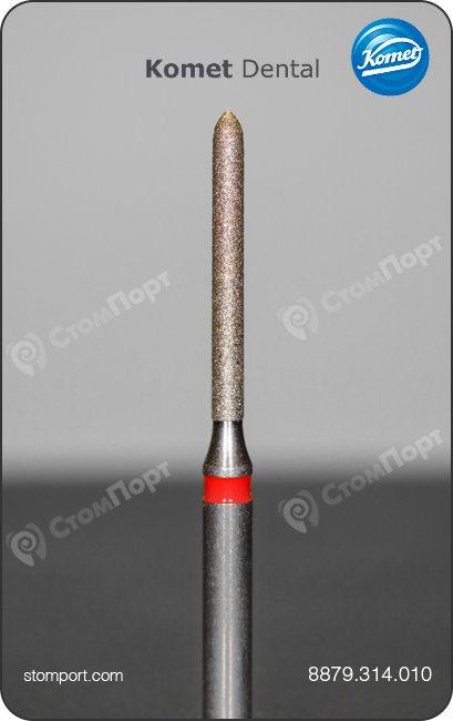 Бор алмазный для параллельного желобообразного уступа, торпедовидный удлинённый, "финишный", хвостовик турбинный (FG), L раб. части 10,0 мм, Ø=1,0 мм