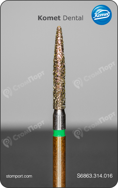 Бор алмазный для препарирования под коронку и окклюзионных поверхностей, пламевидный удлинённый, "грубый структурный", хвостовик турбинный (FG), L раб. части 10,0 мм, Ø=1,6 мм
