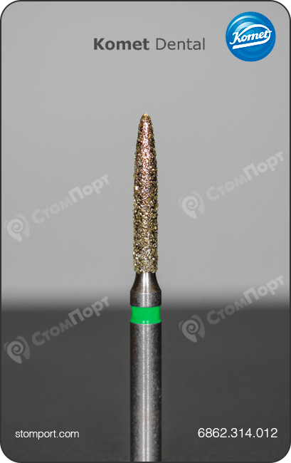 Бор алмазный для препарирования под коронку и окклюзионных поверхностей, пламевидный, "грубый", хвостовик турбинный (FG), L раб. части 8,0 мм, Ø=1,2 мм