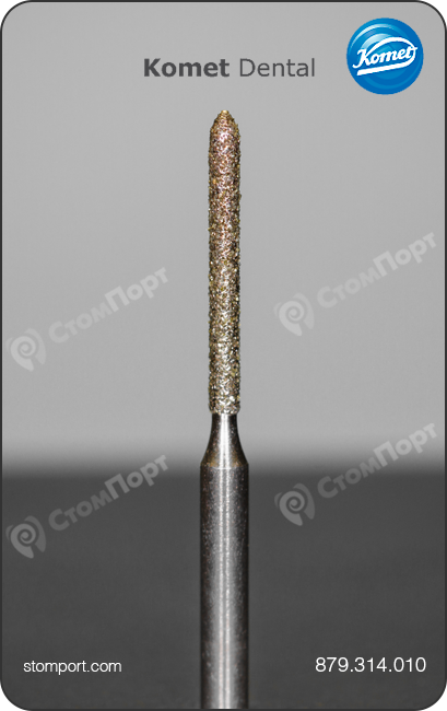 Бор алмазный для параллельного желобообразного уступа, торпедовидный удлинённый, "стандартный (средний)", хвостовик турбинный (FG), L раб. части 10,0 мм, Ø=1,0 мм