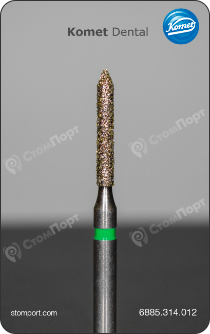 Бор алмазный для препарирования под коронку цилиндрический, заостренный конический кончик, "грубый", хвостовик турбинный (FG), L раб. части 8,0 мм, Ø=1,2 мм