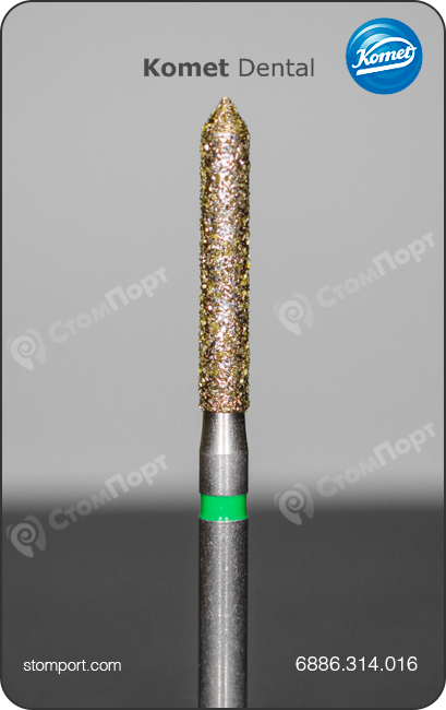 Бор алмазный для препарирования под коронку, цилиндрический удлинённый, заостренный кончик, "грубый", хвостовик турбинный (FG), L раб. части 10,0 мм, Ø=1,6 мм