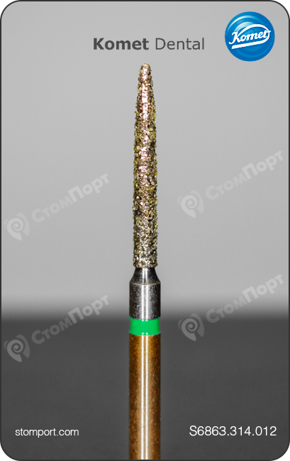 Бор алмазный для препарирования под коронку и окклюзионных поверхностей, пламевидный удлинённый, "грубый структурный", хвостовик турбинный (FG), L раб. части 10,0 мм, Ø=1,2 мм