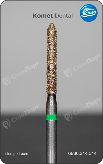 Бор алмазный для препарирования под коронку, цилиндрический удлинённый, заостренный кончик, "грубый", хвостовик турбинный (FG), L раб. части 10,0 мм, Ø=1,4 мм