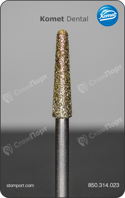 Бор алмазный конусный, удлинённый, со скругленным кончиком, "финишный", хвостовик турбинный (FG), L раб. части 10,0 мм, Ø=2,3 мм, угол 3°