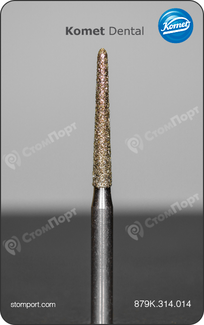 Бор алмазный под конусный желобообразный уступ, удлинённый, "стандартный (средний)", хвостовик турбинный (FG), L раб. части 10,0 мм, Ø=1,4 мм, угол 2°