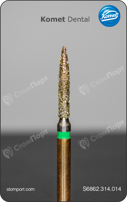 Бор алмазный для препарирования под коронку и окклюзионных поверхностей, пламевидный, "грубый структурный", хвостовик турбинный (FG), L раб. части 8,0 мм, Ø=1,4 мм