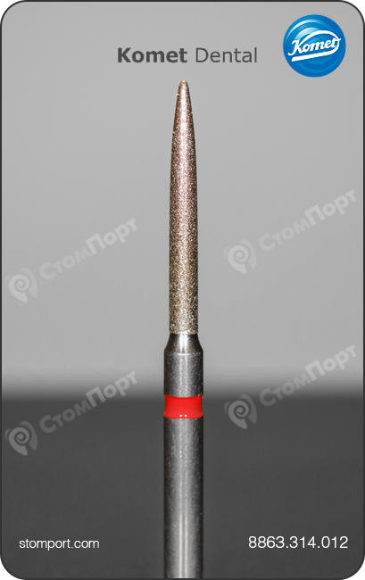 Бор алмазный для препарирования под коронку и окклюзионных поверхностей, пламевидный удлинённый, "финишный", хвостовик турбинный (FG), L раб. части 10,0 мм, Ø=1,2 мм