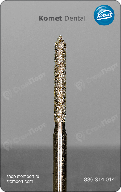 Бор алмазный для препарирования под коронку, цилиндрический удлинённый, заостренный кончик, "стандартный (средний)", хвостовик турбинный (FG), L раб. части 10,0 мм, Ø=1,4 мм