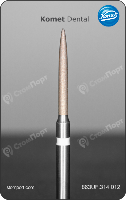 Бор алмазный для препарирования под коронку и окклюзионных поверхностей, пламевидный удлинённый, "ультрафинишный", хвостовик турбинный (FG), L раб. части 10,0 мм, Ø=1,2 мм