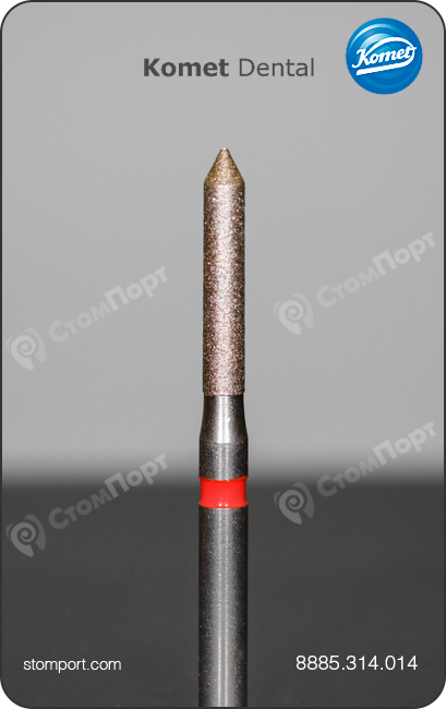 Бор алмазный для препарирования под коронку цилиндрический, заостренный конический кончик, "финишный", хвостовик турбинный (FG), L раб. части 8,0 мм, Ø=1,4 мм
