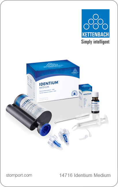 Идентиум Медиум (Identium Medium) - оттискная масса для имплантов и телескопов на основе винилсилоксанэфира (A-силикон и полиэфир). Стартовый комплект - уп. 380 мл с принадлежностями