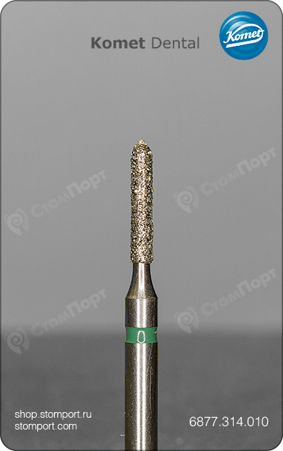 Бор алмазный для параллельного желобообразного уступа, торпедовидный укороченный, "грубый", хвостовик турбинный (FG), L раб. части 6,0 мм, Ø=1,0 мм