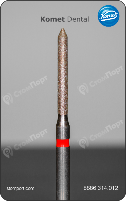 Бор алмазный для препарирования под коронку, цилиндрический удлинённый, заостренный кончик, "финишный", хвостовик турбинный (FG), L раб. части 10,0 мм, Ø=1,2 мм