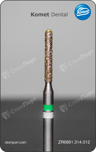 Бор алмазный для обработки всех видов керамики, включая ZrO2, цилиндрический с закруглённым кончиком, "грубый", хвостовик турбинный (FG), L раб. части 8,0 мм, Ø=1,2 мм
